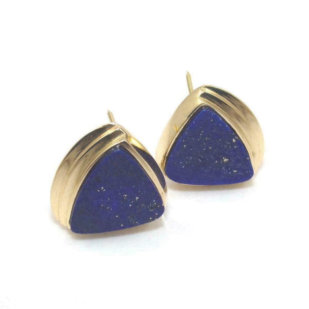 18K Yellow Gold Earrings Blue Lapis Lazuli Omega French Clip